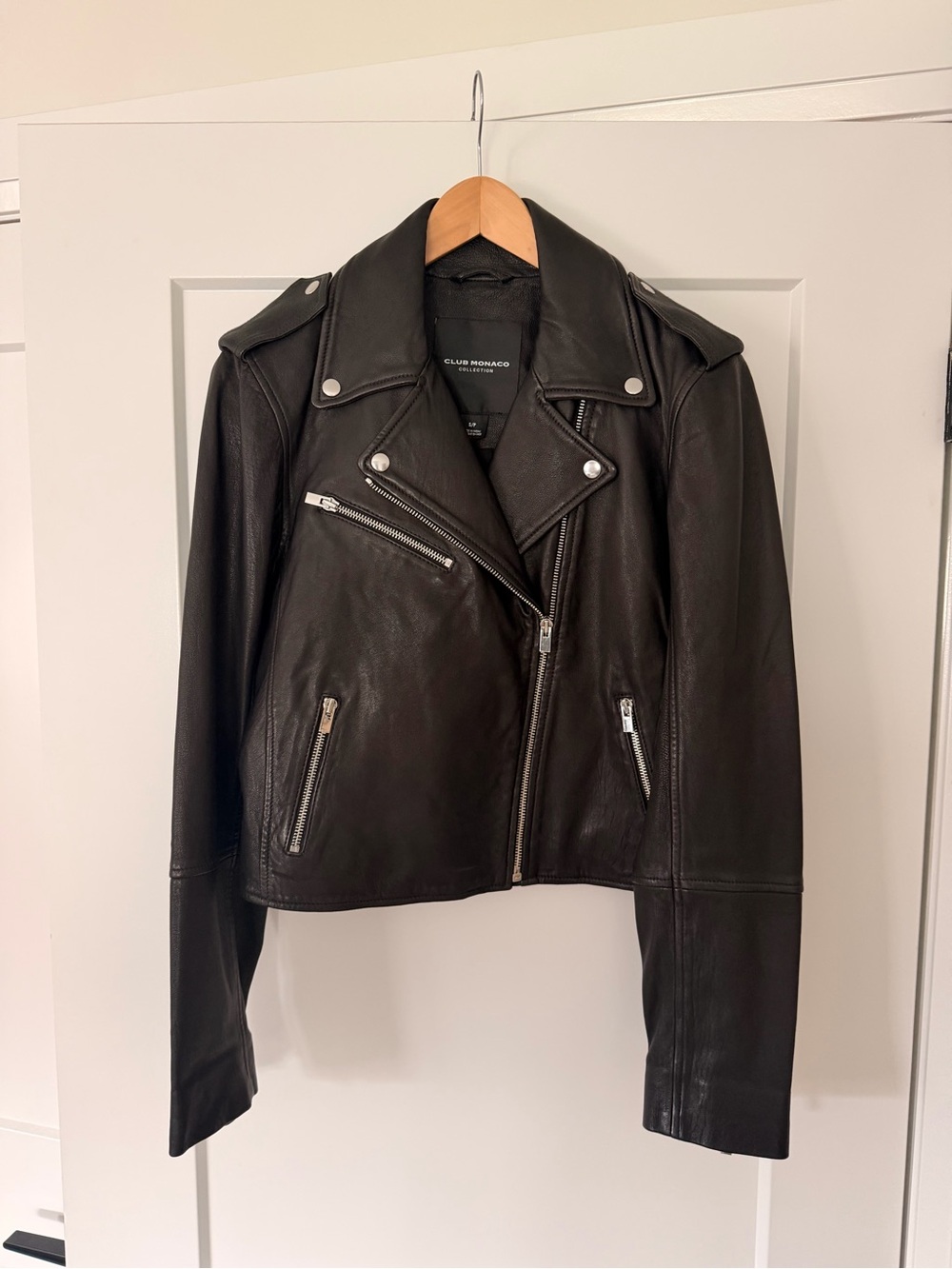 Club Monaco Black Leather Moto Jacket with Silver Hardware